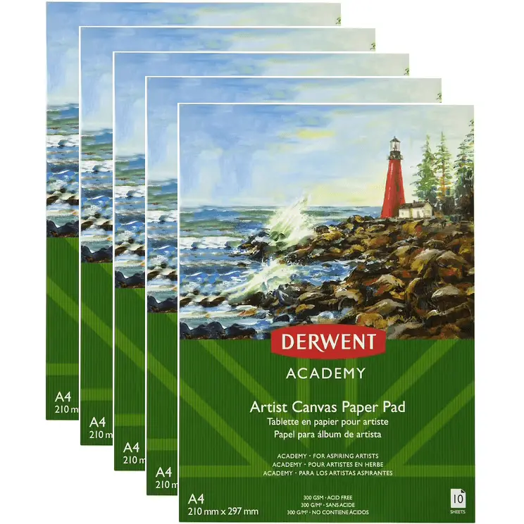 Derwent 5 Pack Academy Artists Canvas Paper Pad 300Gsm 10 Sheets A4 1