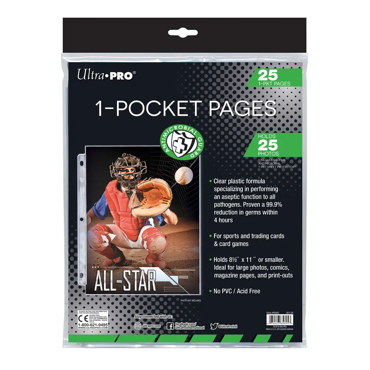 Ultra Pro: Up85695 1-Pocket Antimicrobial Page With 8-1/2"X11" Pocket 25 Ct Retail Pack 1