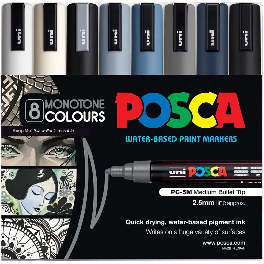 Uni Posca Pc-5M Paint Markers Monotones 8 Pack 1