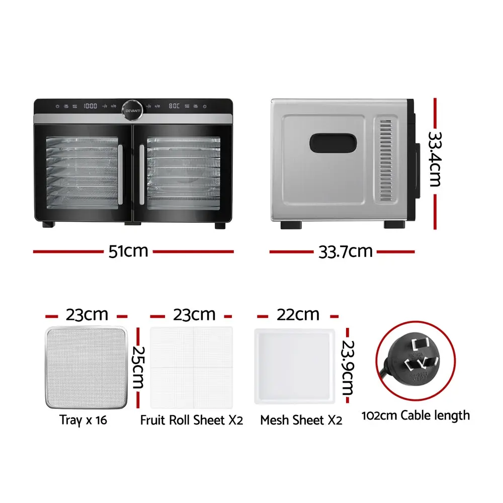 Devanti 16 Trays Food Dehydrator Dual-Zone Stainless Steel 2
