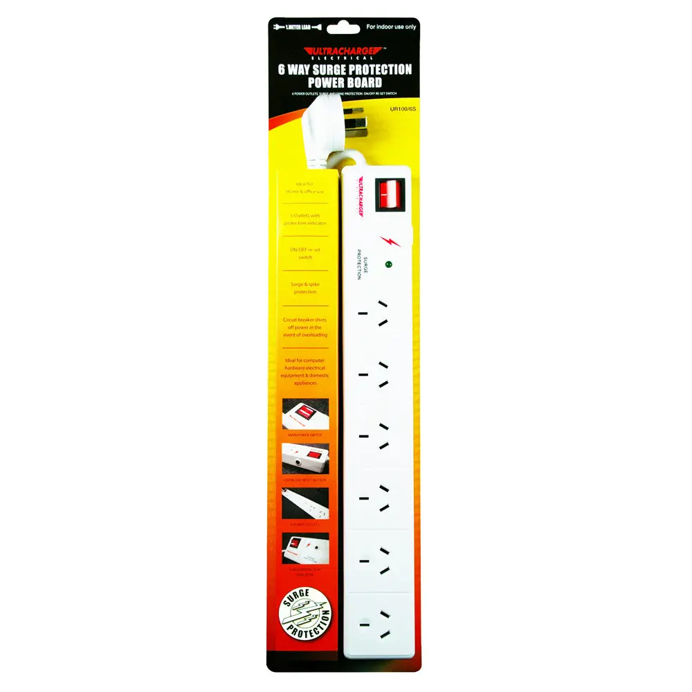 Ultracharge 6-Socket Power Strip Board With Surge Protection 1M Cord (White) 1