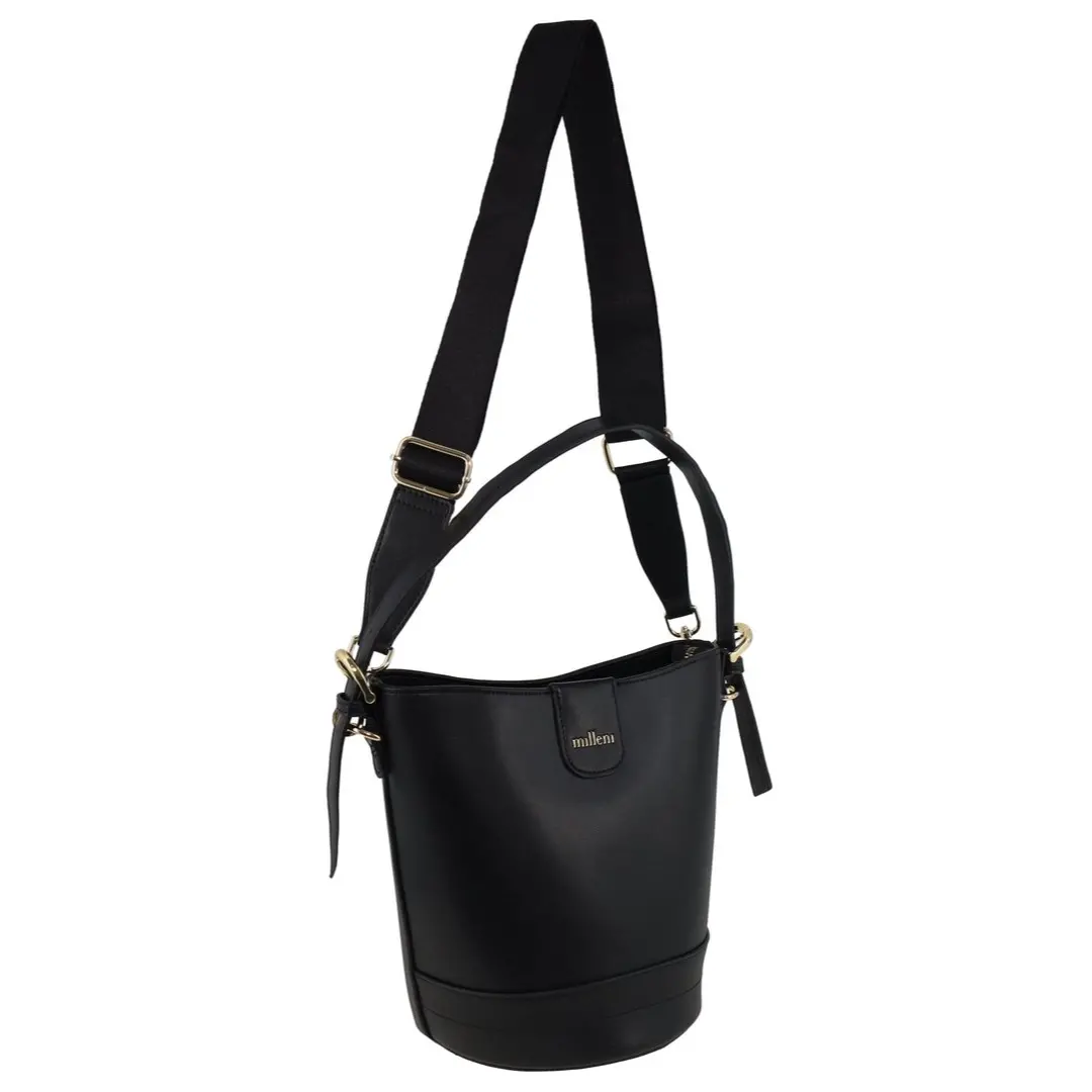 Milleni Women's Handbag Vegan Leather Lightweight Bucket Crossbody Bag (Black) 1