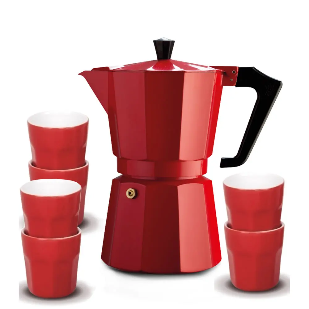 6Pc Pezzetti Stove Top Espresso Coffee Cafetiere Set W/ 6 100Ml Cups Red 1