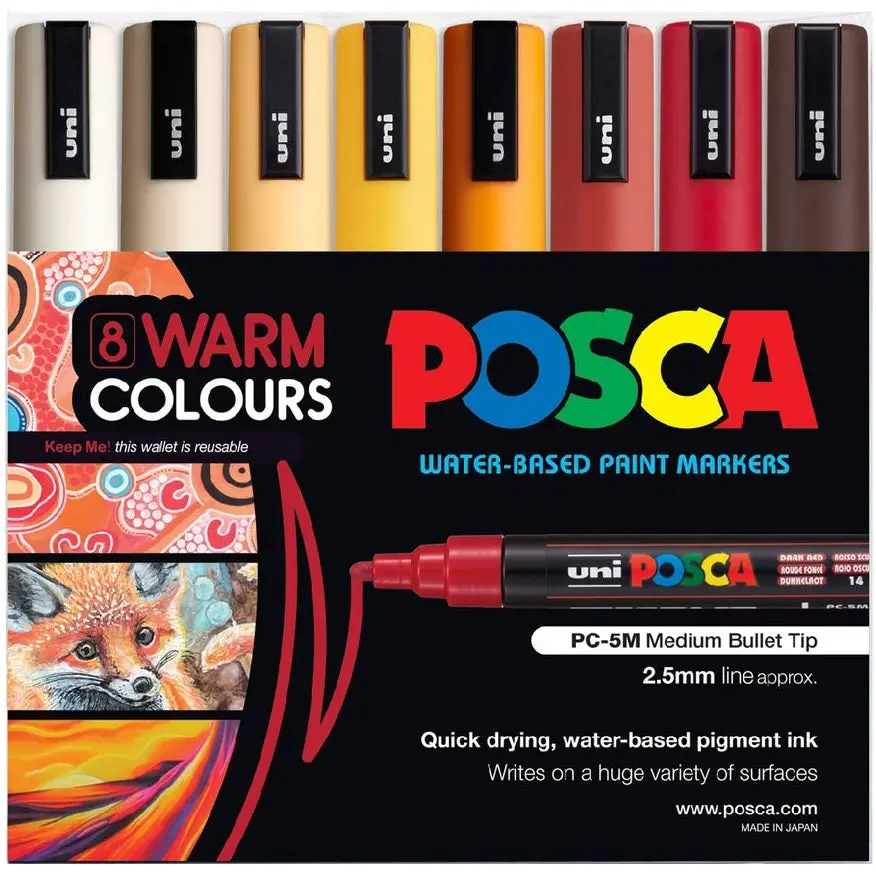 Uni Posca Pc-5M Paint Markers Bullet Tip Medium 8 Colour Pack (Warm Tones) 1