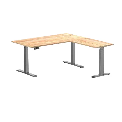 Desky Rubberwood L-Shape Sit Stand Desk 150 X 155 Cm Natural Timber Top And Space Grey Leg 1