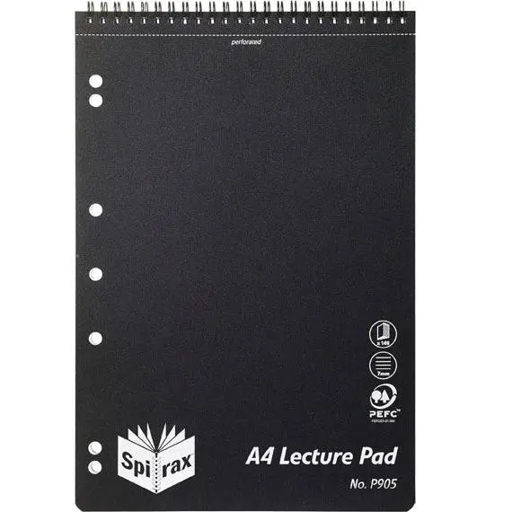 Spirax P905 Lecture Pad Book Spiral Bound Top Open 140 Page A4 Black 5 Pack 2