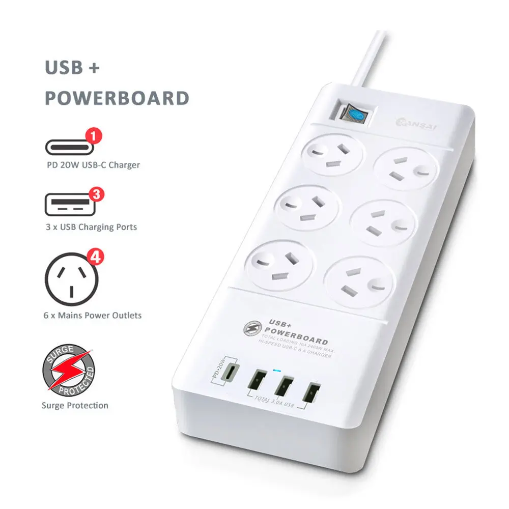 Sansai 6-Way 2400W Surge Protector Power Board With Usb-A & Usb-C Ports 2