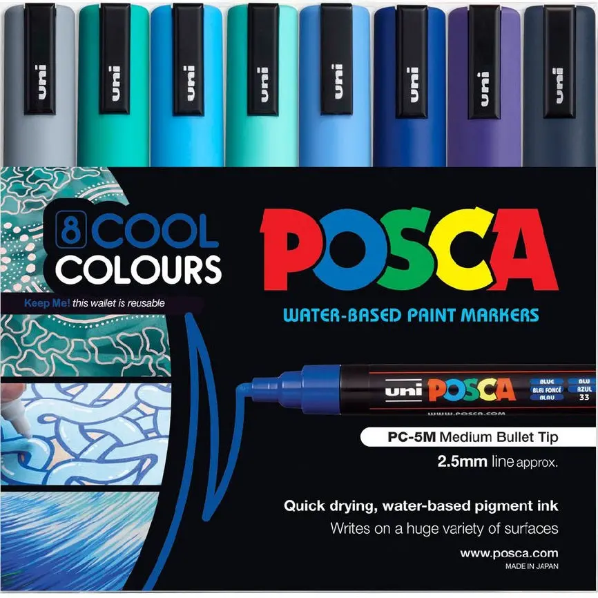 Uni Posca Pc-5M Paint Markers Bullet Tip Medium 8 Colour Pack (Cool Colours) 1