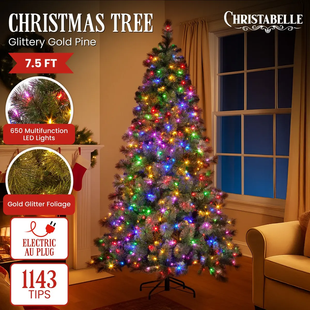 Christabelle 7.5Ft Christmas Tree Glittery Gold Pine 650 Led Multi-Functional Lights Xmas Decor 2