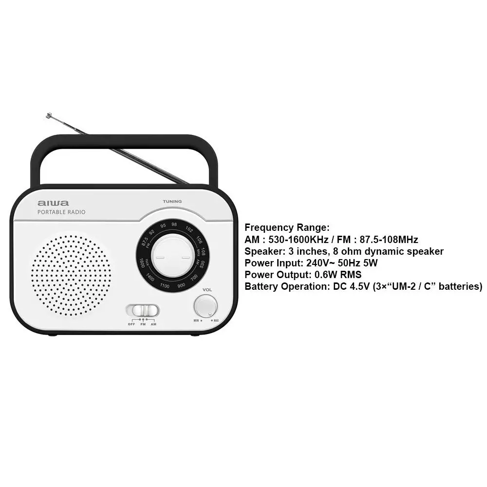 Aiwa Portable Retro Manual Am/Fm C Battery Radio (White) 2