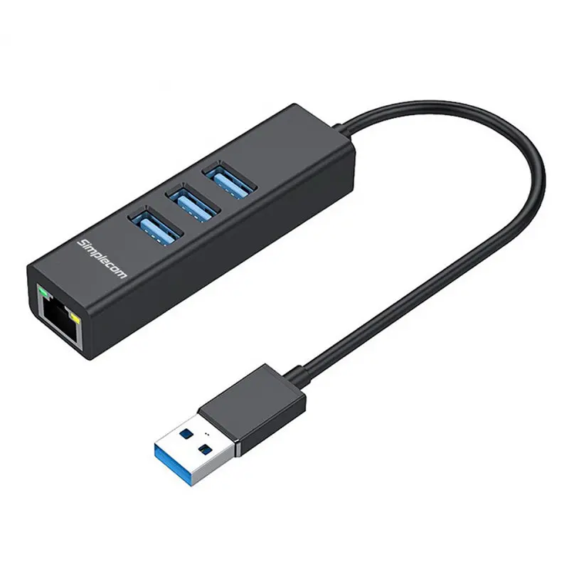 Simplecom 3 Port Aluminium Usb-A Hub To Usb-A With Gigabit Ethernet Adapter (Black) 1