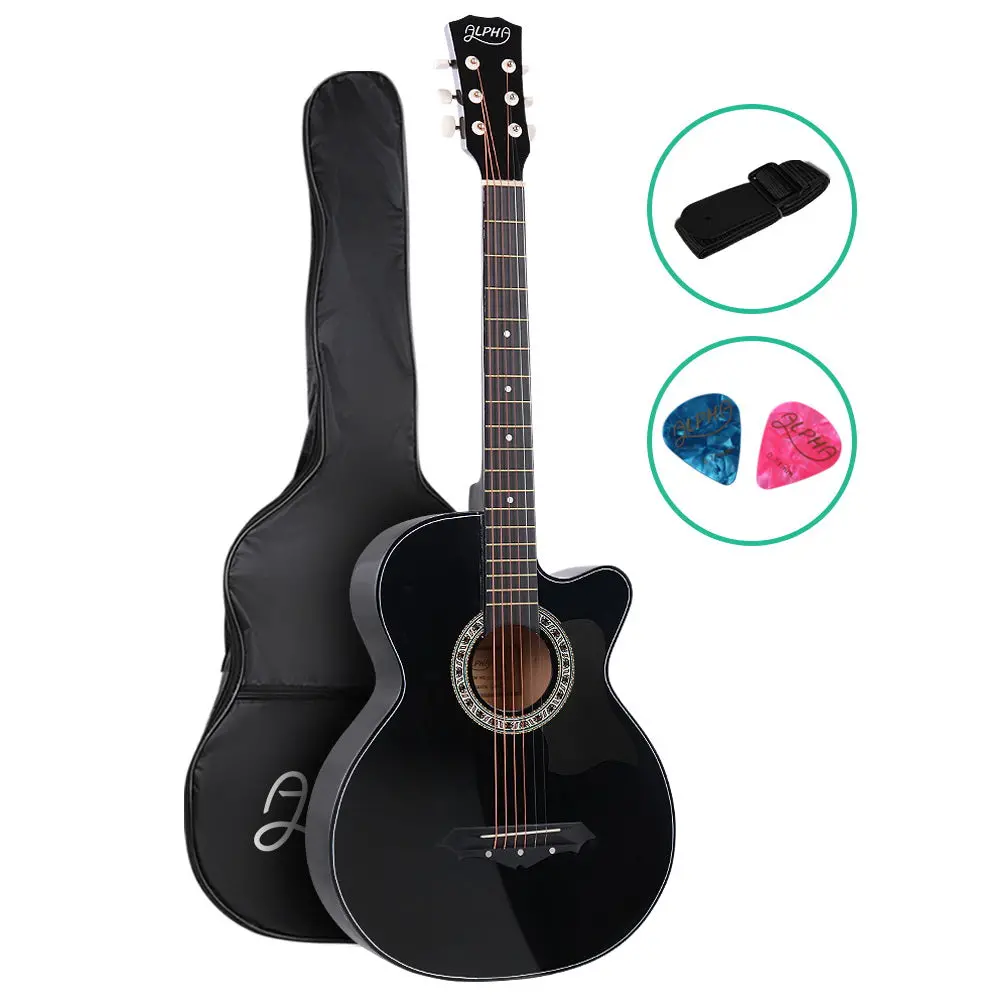 Alpha 38" Acoustic Guitar Wooden Body Steel String Full Size Cutaway (Black) 1