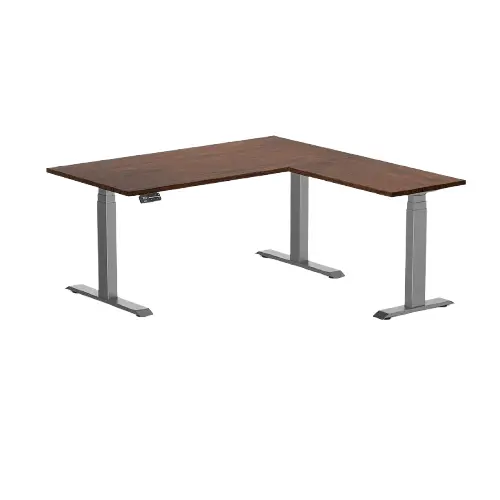 Desky Rubberwood L-Shape Sit Stand Desk 150 X 155 Cm Red Walnut Top And Space Grey Leg 1