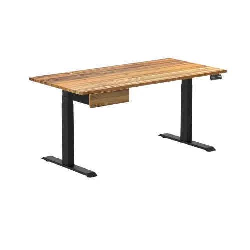 Desky Dual Hardwood Standing Desk With Drawer 150Cm Teak Desktop And Matte Black Frame 1