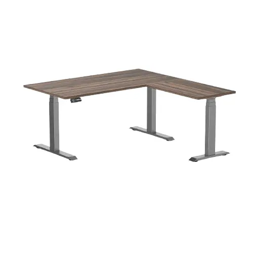 Desky Eco L-Shape Melamine Sit Stand Desk 150 X 155 Cm Jarrah Legno Top And Space Grey Leg 1