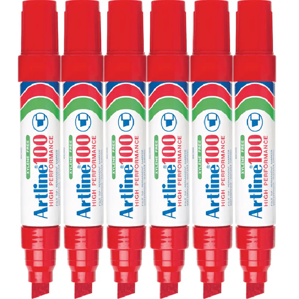 Artline 100 Box 6 Permanent Marker 12Mm Chisel Tip Thick Nib (Red) 1