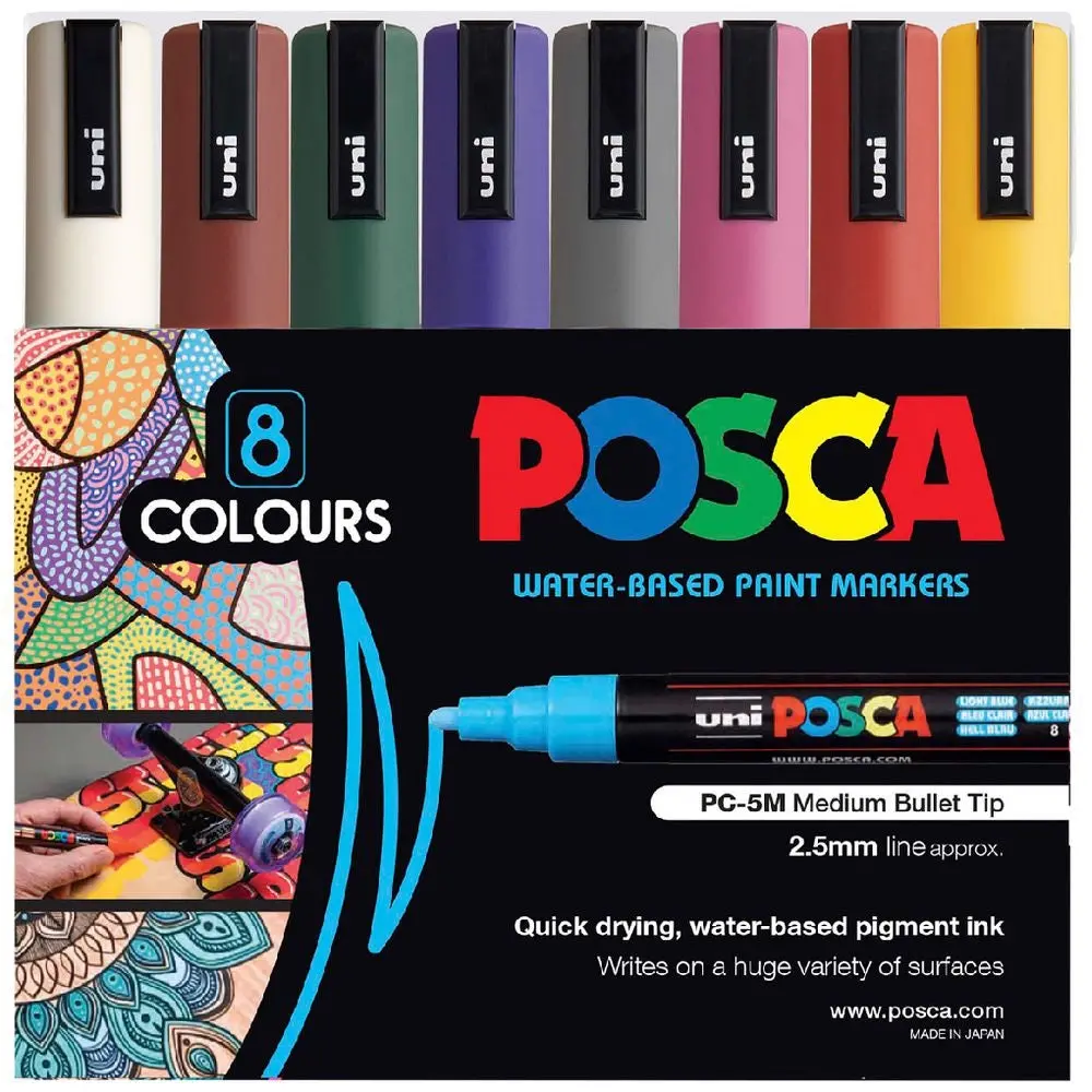 Uni Posca Pc-5M Paint Markers Bullet Tip Medium 8 Colour Pack (Dark Colours) 1