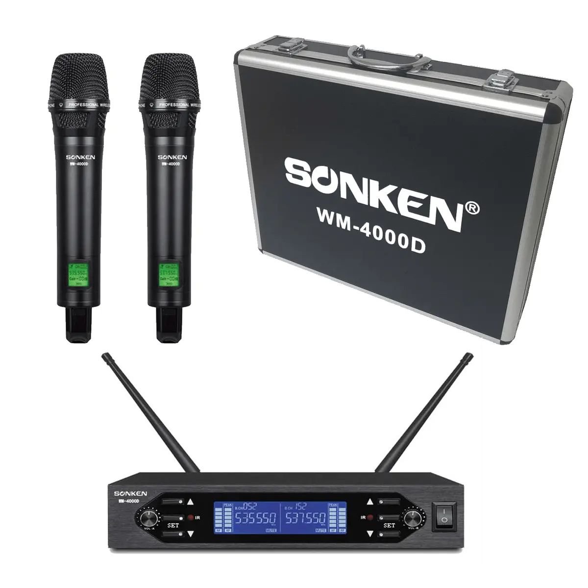 Sonken Wm-4000D Pro: 200-Channel 2 Uhf Wireless Microphones With Receiver And Carry Case 1