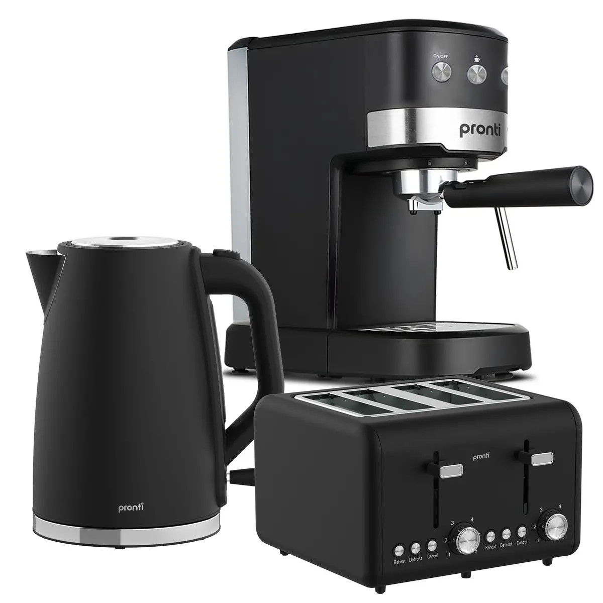 Pronti Breakfast Set With 1.25L Coffee Machine, Silver Noir Toaster & Kettle 1
