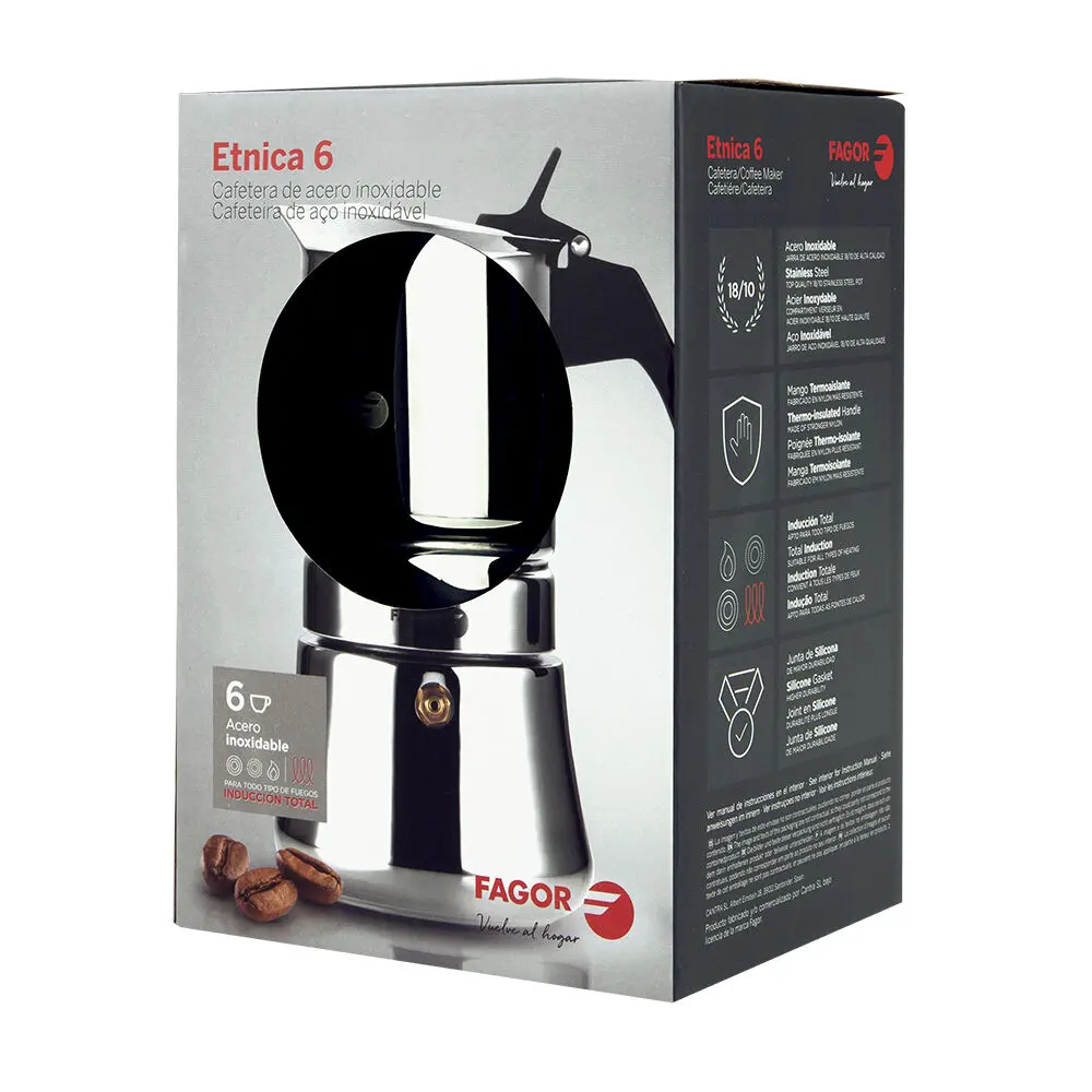 Fagor Etnica Stainless Steel 6 Cups Espresso Coffee Maker Moka Pot Silver 2
