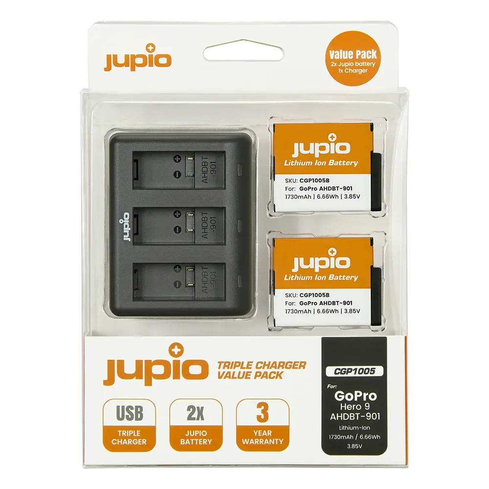 Jupio 2X Batteries 1730Mah & Usb Triple Charger Kit For Gopro Hero 9/10 1