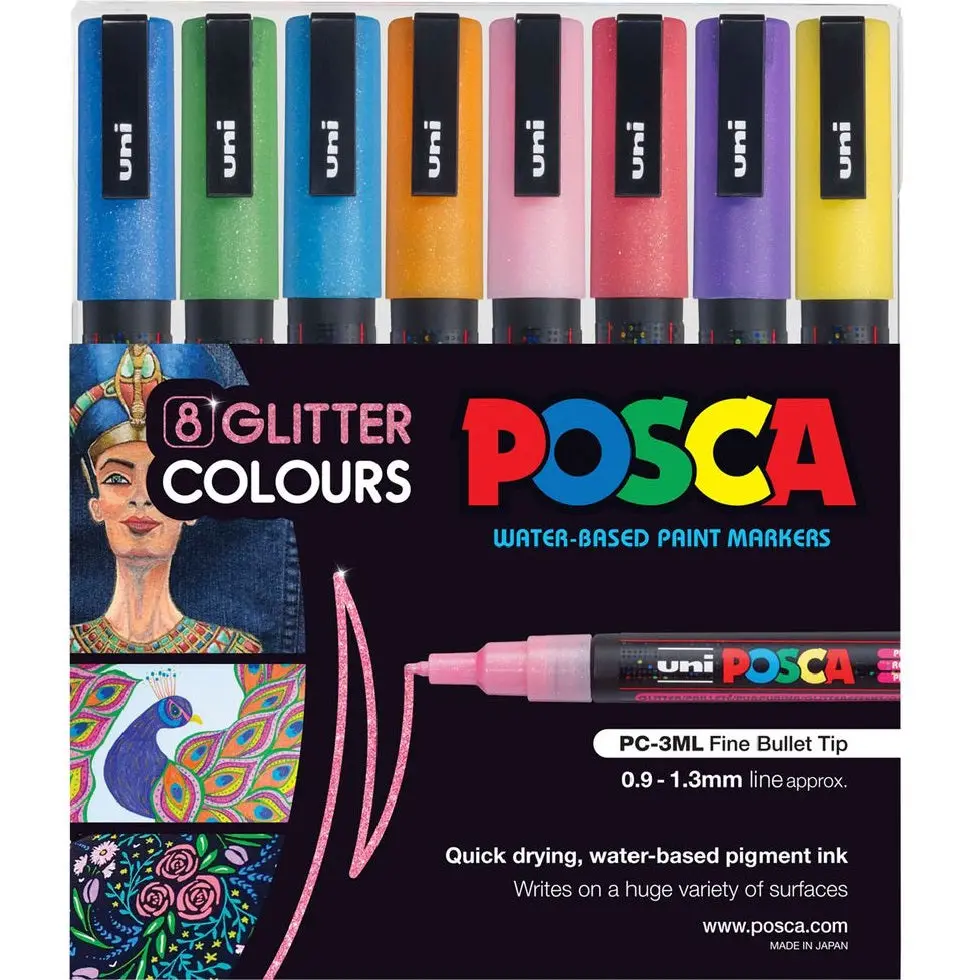 Uni Posca Pc-3M Paint Markers Glitter Assorted Colours 8 Pack 1