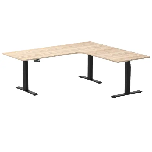 Desky L-Shape Melamine Sit Stand Desk 200Cm - Left Return Classic Oak Top And Matte Black Leg 1