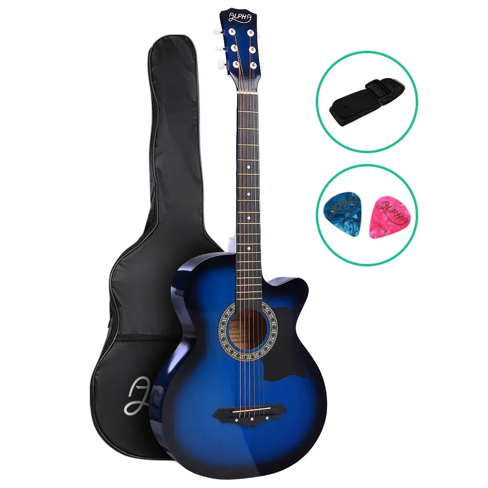 Alpha 38 Inch Acoustic Guitar Wooden Body Steel String Cutaway Blue 1