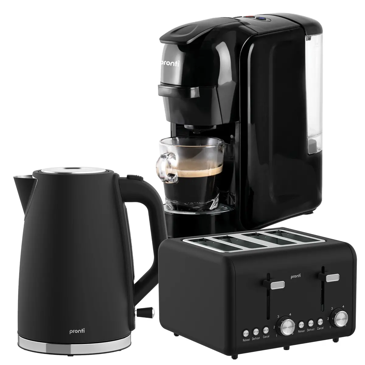 Pronti Breakfast Set With Homemaid Coffee Machine, Silver Noir Toaster & Kettle 1
