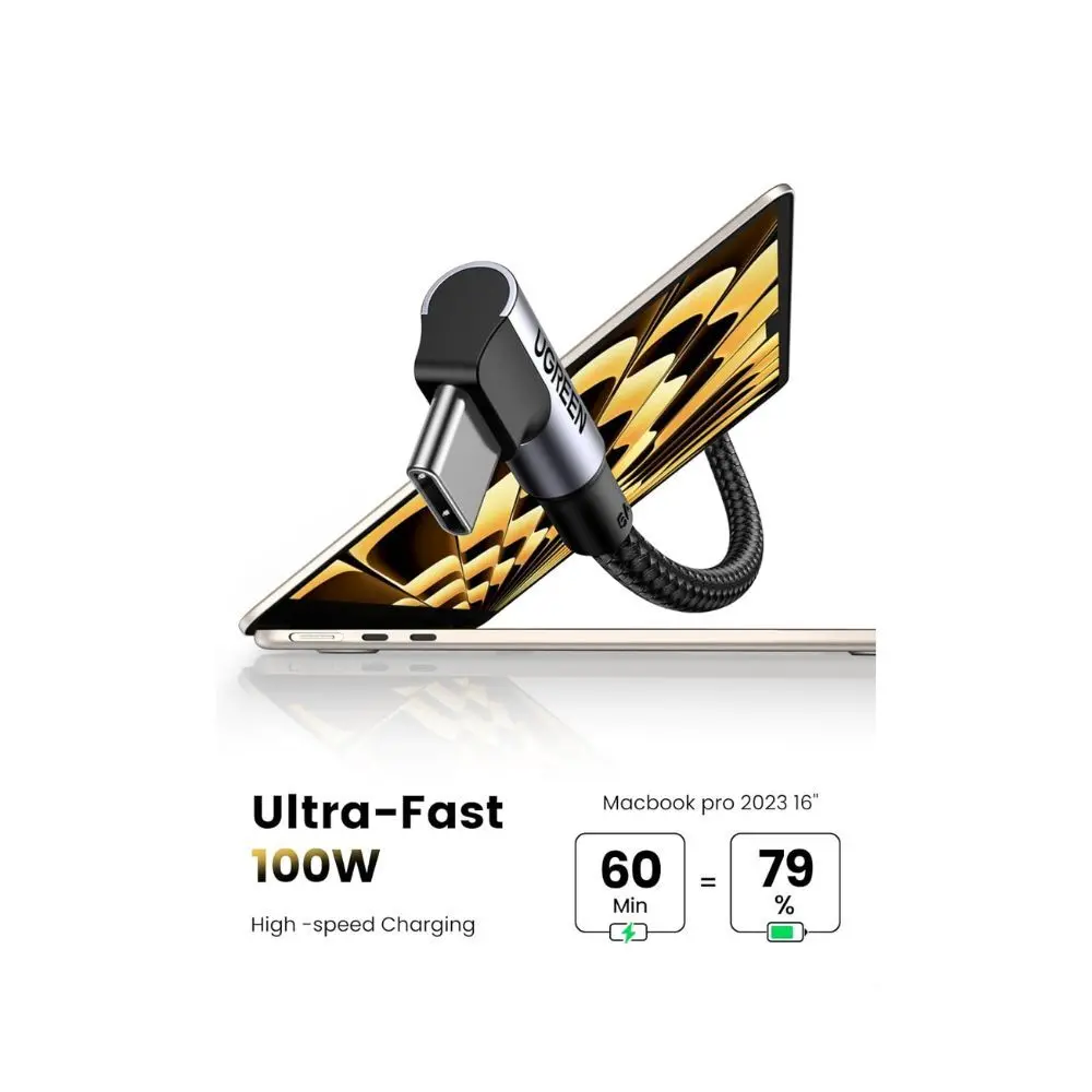 Ugreen 90 Degree Angle Usb-C Male To Usb-C Male 100W Braided Cable 2M 2