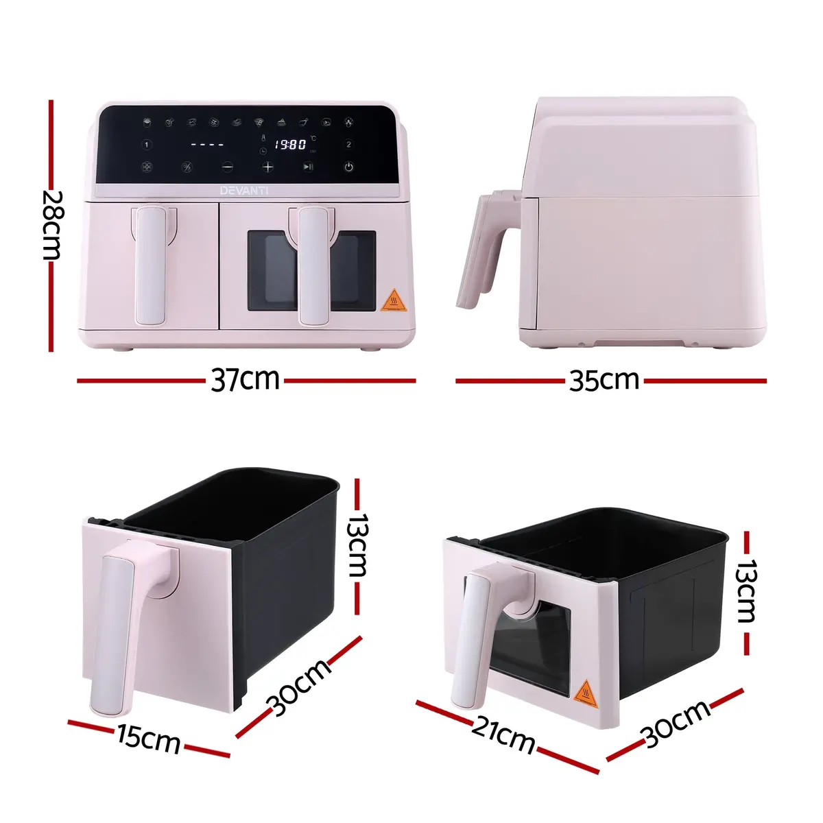 Devanti Air Fryer 9L Dual Zone Fryers 2600W (Pink) 2