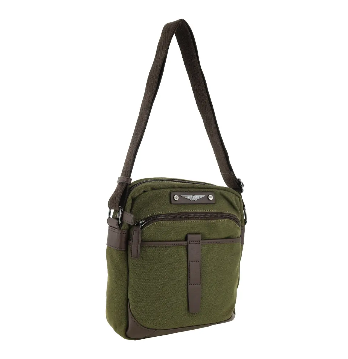 Police Rustic Men's Canvas Shoulder Crossbody Bag W/Zip Pocket 29Cm Dark Olive 1