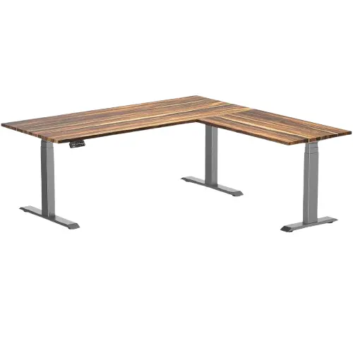 Desky Hardwood L-Shape Sit Stand Desk 180X175cm Pheasantwood And Space Grey Leg 1