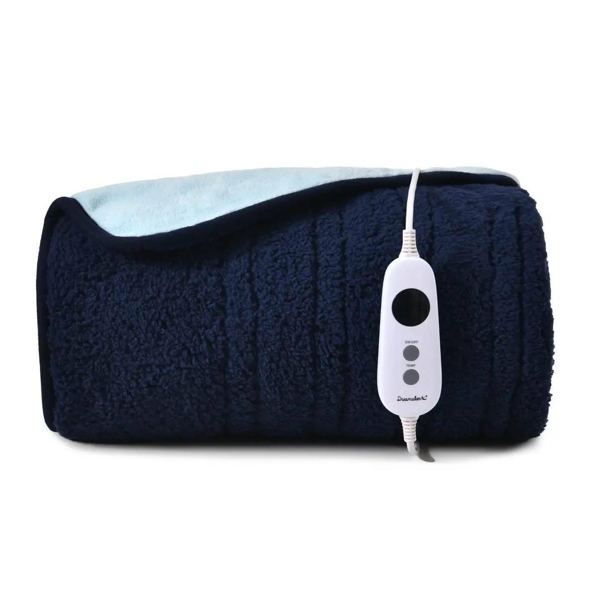 Dreamaker Eve Reversible Sherpa And Coral Fleece Heated Throw [130X160cm] (Midnight Blue/Sky) 1