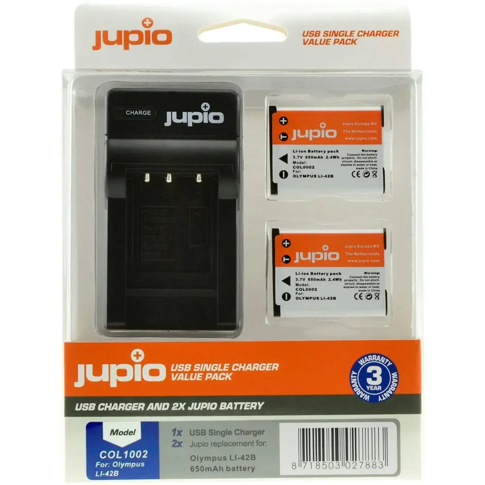 Jupio 2X Battery 650Mah & Usb Single Charger For Olympus Li40b/D-Li63 1