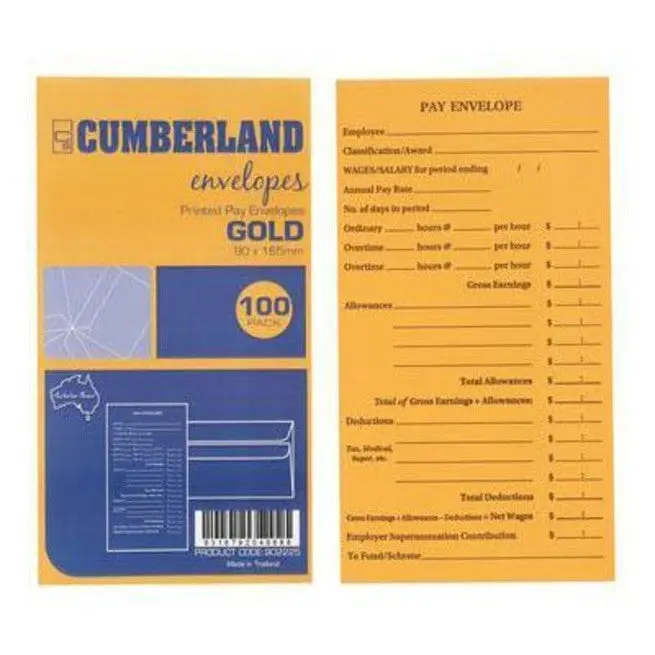 Cumberland Pay Envelopes Printed 90X165 Gold Pack 100 1