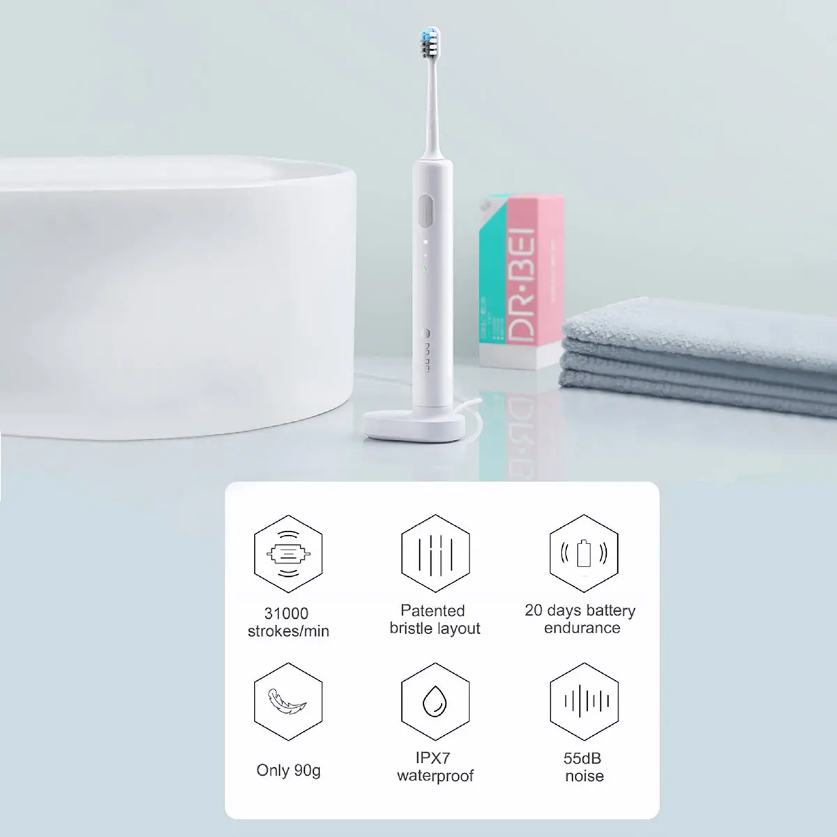 Dr.Bei Sonic Electric Toothbrush Rechargeable Portable (White) 2