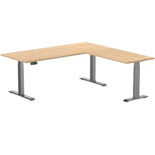 Desky Eco L-Shape Melamine Sit Stand Desk 180 X 175 Cm Sublime Teak Top And Space Grey Leg 1