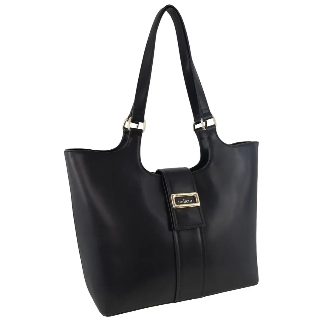 Milleni Women's Handbag Vegan Leather Fashion Chic Caryall Tote Bag (Black) 1