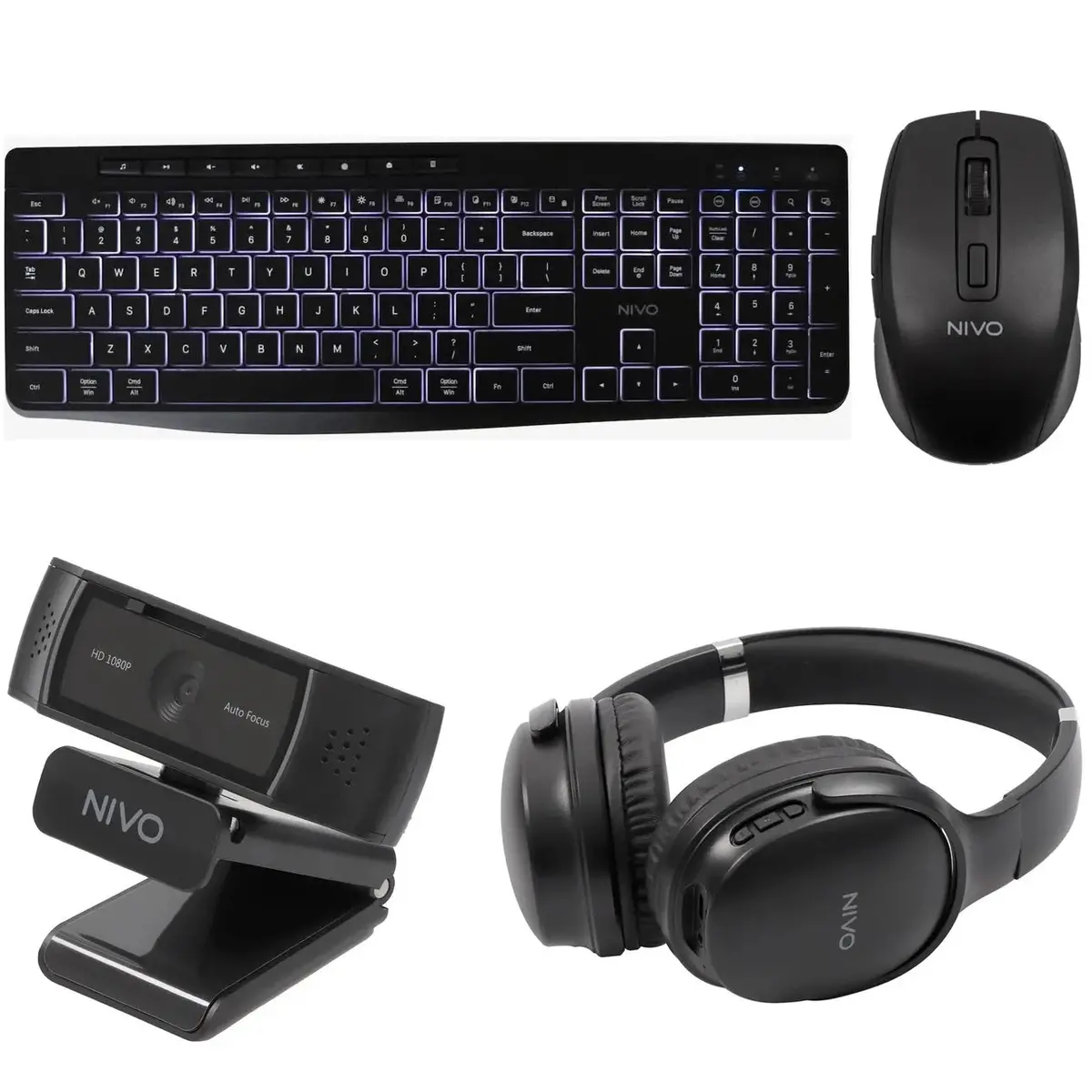 Nivo 4 In 1 Home Office Bundle Wireless Keyboard Mouse Hd Webcam Headphones Combo Set 1