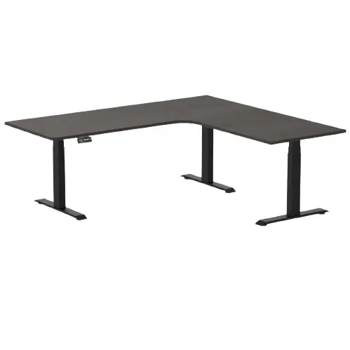 Desky L-Shape Melamine Sit Stand Desk 200Cm - Right Return Burnished Wood Top And Matte Black Leg 1