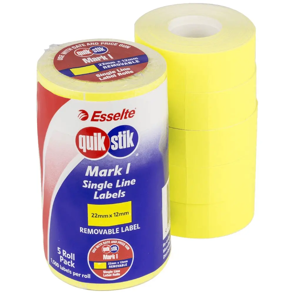 Quikstik Mark I Pricing Gun Label Removable 1500 Labels/Roll Fluoro Yellow Box 5 1