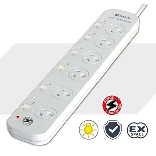Sansai 6-Outlet Individually Switched Surge Protected Power Strip Board 2