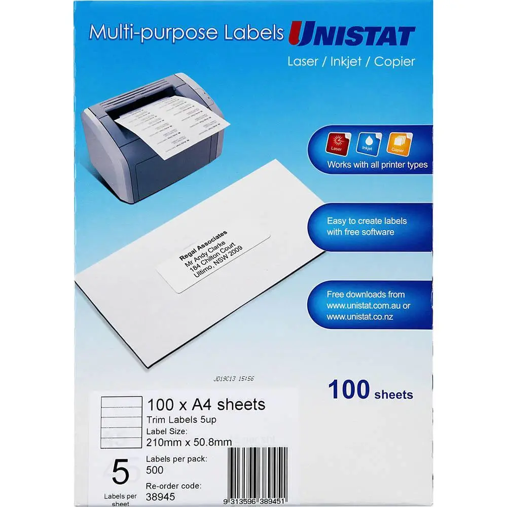 Unistat 38945 Trim Label 5Up A4 Pack 100 Sheets 1