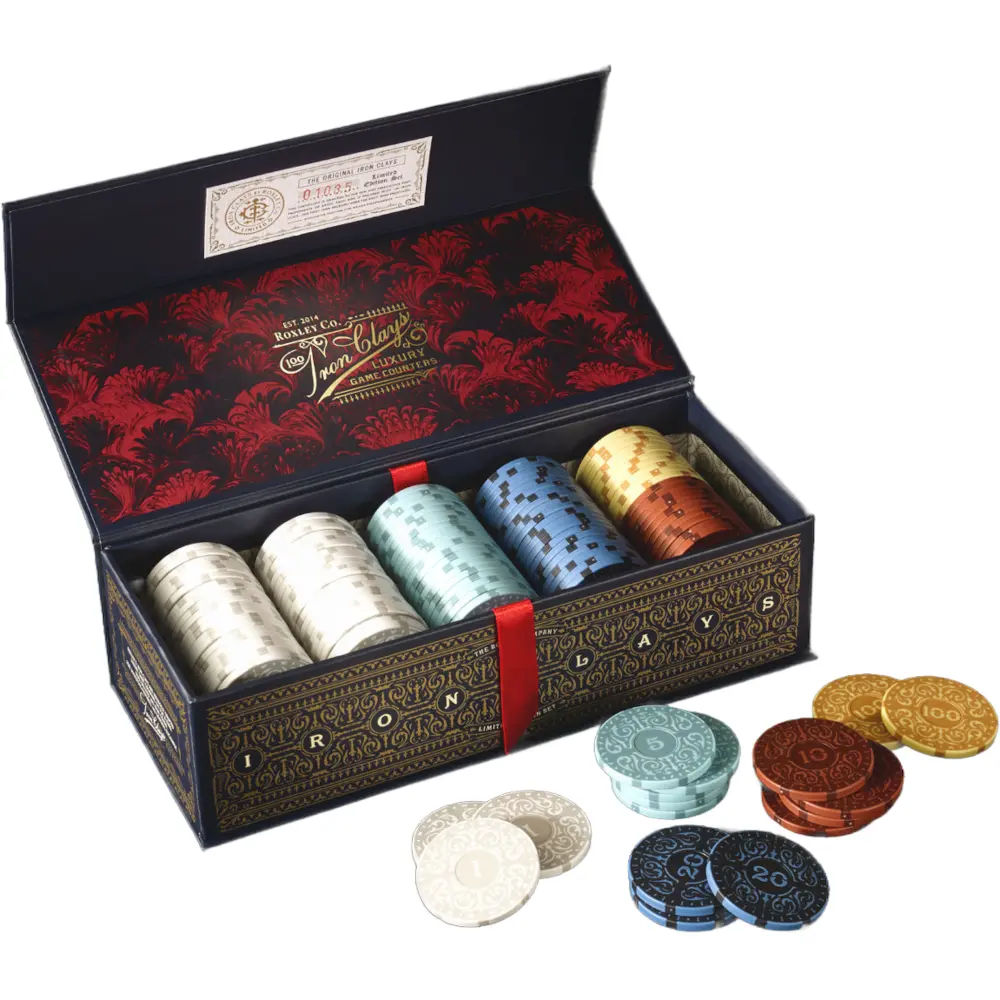 Roxley Iron Clays 100 Chips Printed Box Luxury Game Counters Brass Birmingham Lancashire Game 1
