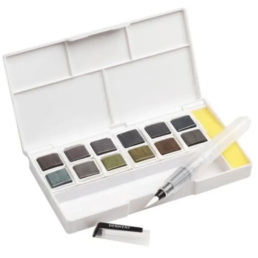 Derwent Graphitint Paint Pan Assorted Colours Set 12 + Waterbrush 2