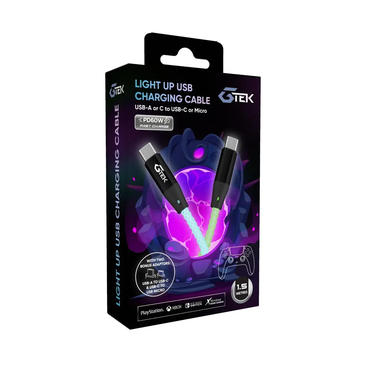 G-Tek 1.5 Metre Light Up Usb Charging Cable (Usb-A Or C To Usb-C Or Micro) 1