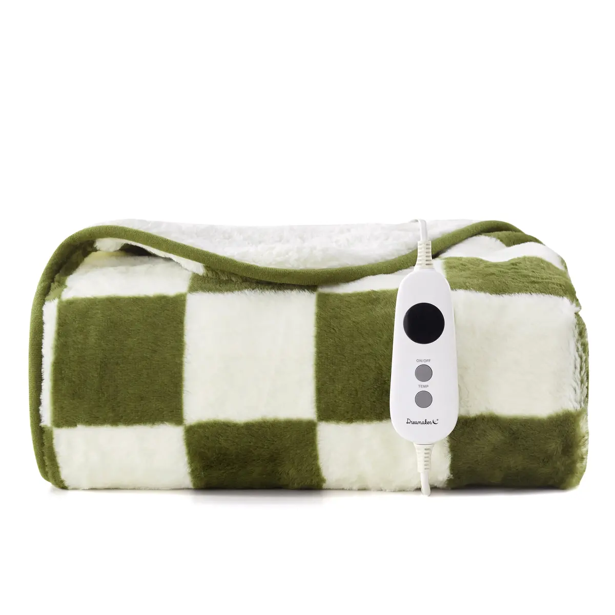Dreamaker Checkered Plush Electric Heated Throw Blanket [130X160cm] (Olive/Cream) 1