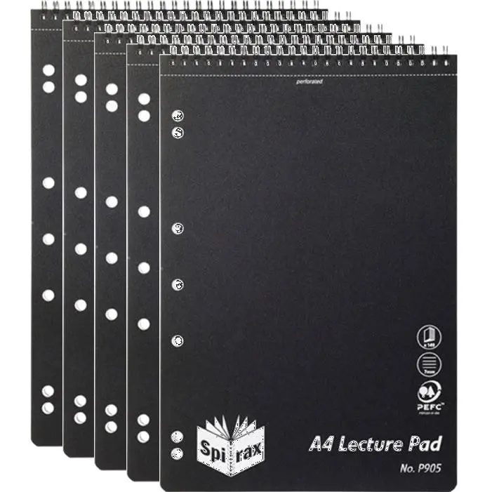 Spirax P905 Lecture Pad Book Spiral Bound Top Open 140 Page A4 Black 5 Pack 1