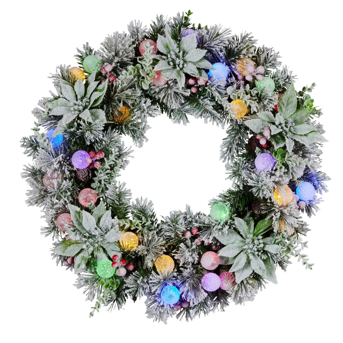 Christabelle Stunning 61Cm Snowy Christmas Wreath With Led Lights Crown Pine Baubles Front Door Decoration Ornament 1